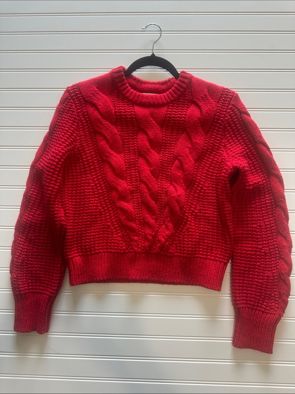 Banana Republic Red Cable Knit Sweater Medium Chunky Wool Blend Crew
